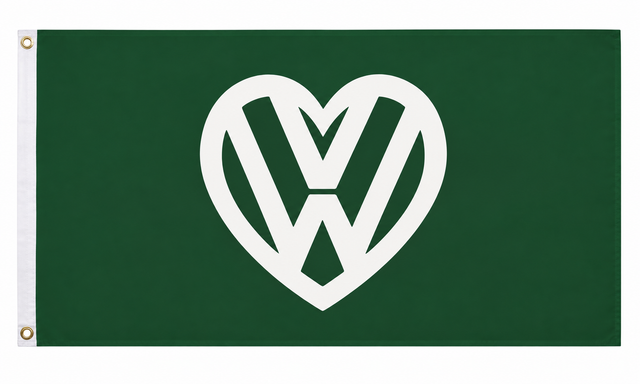 Green flag with white heart-shaped VW design, 5ft x 3ft