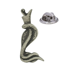 Wadjet ancient Egyptian cobra goddess with raised hood and crown, antique silver-tone pewter lapel pin badge