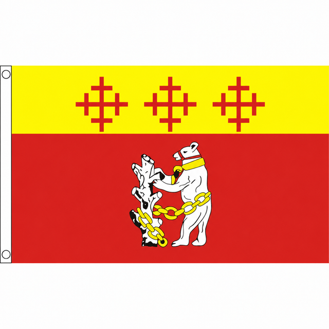 Warwickshire old county flag with three red crosses on yellow above white bear, gold chain and ragged staff on red, 5ft x 3ft