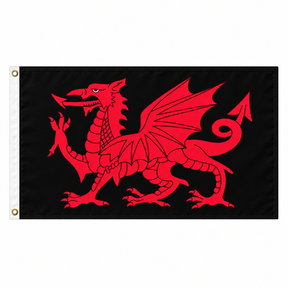 Welsh Dragon Black Flag – red Welsh dragon on a black background, 5ft x 3ft