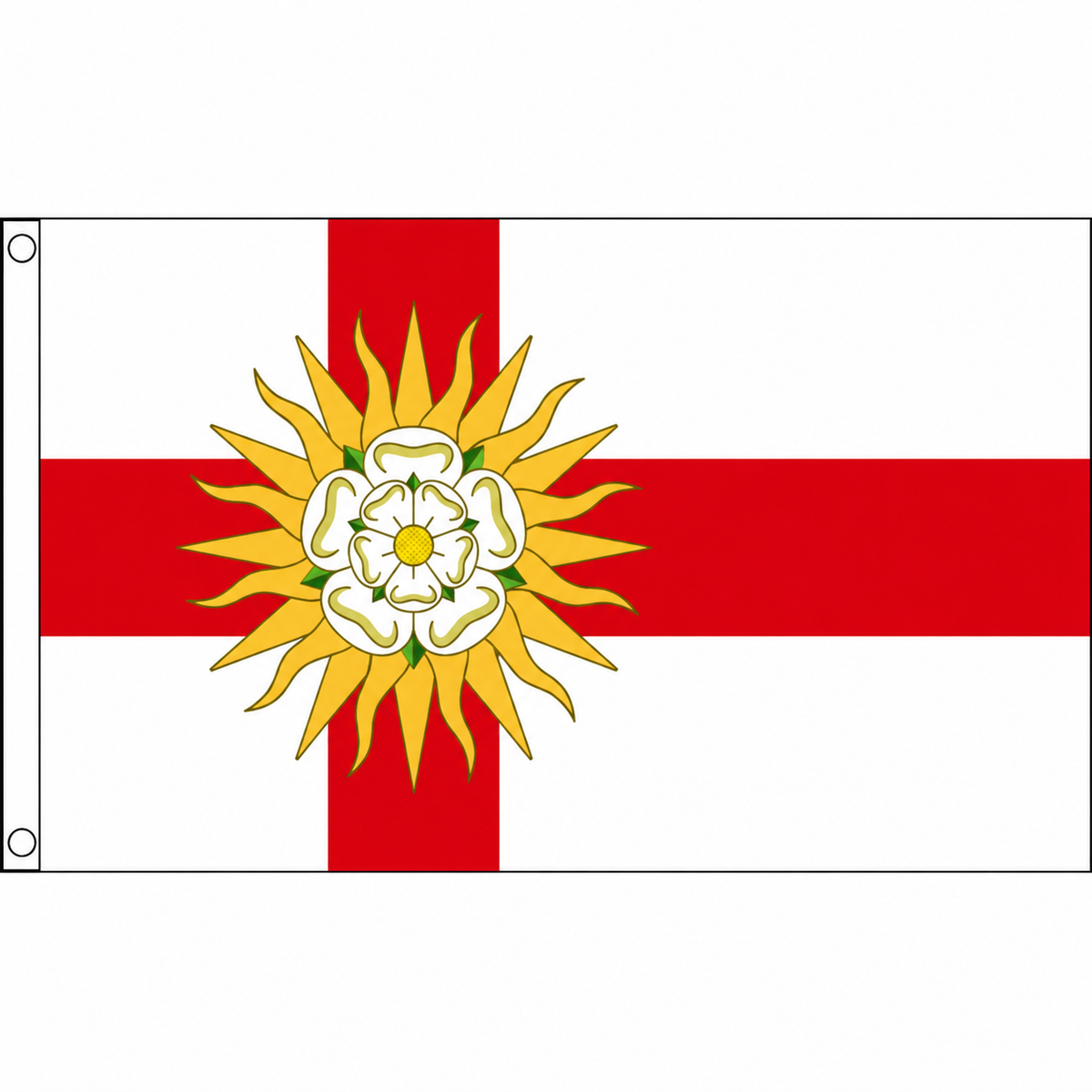 West Riding of Yorkshire flag with red cross on white and white Yorkshire rose within gold sunburst, 5ft x 3ft