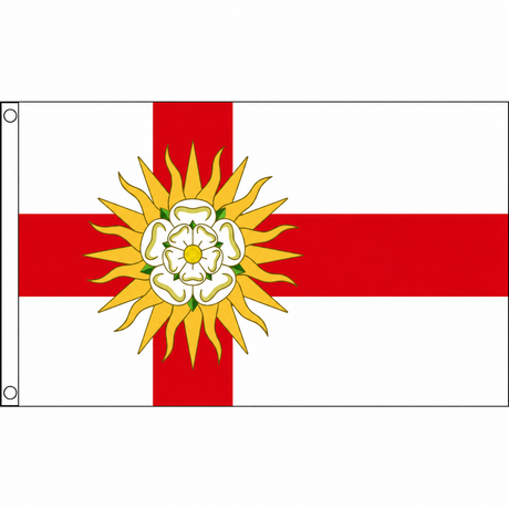 West Riding of Yorkshire flag with red cross on white and white Yorkshire rose within gold sunburst, 5ft x 3ft