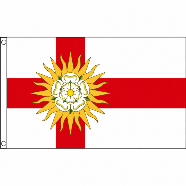 West Riding of Yorkshire flag with red cross on white and white Yorkshire rose within gold sunburst, 5ft x 3ft