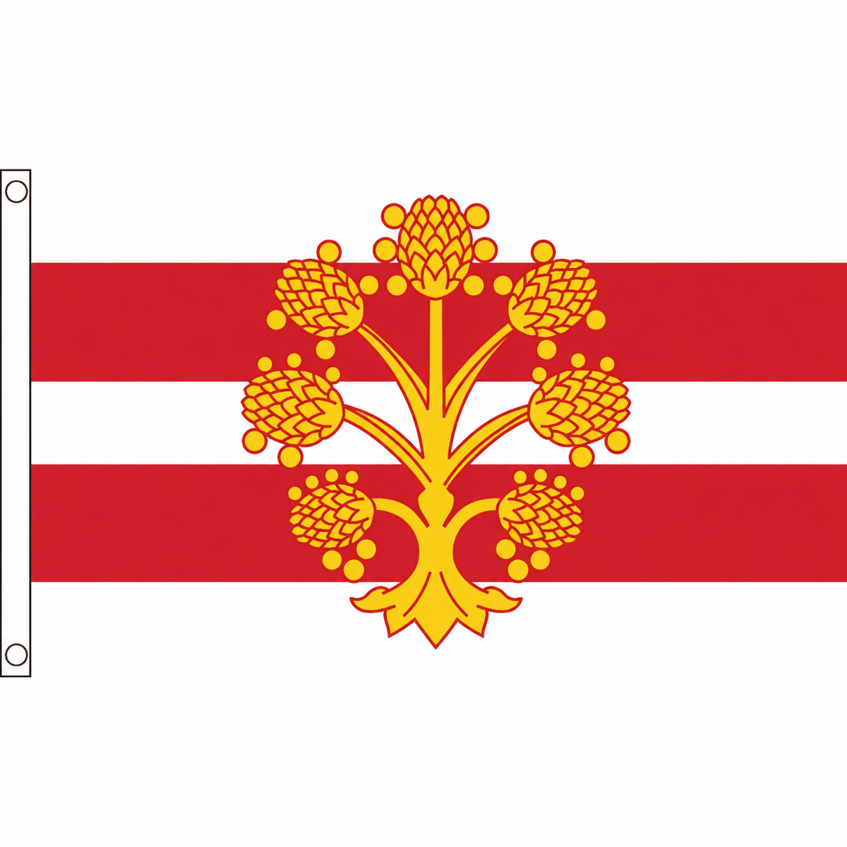 Westmorland county flag with gold tree over two red horizontal bands on white, 5ft x 3ft
