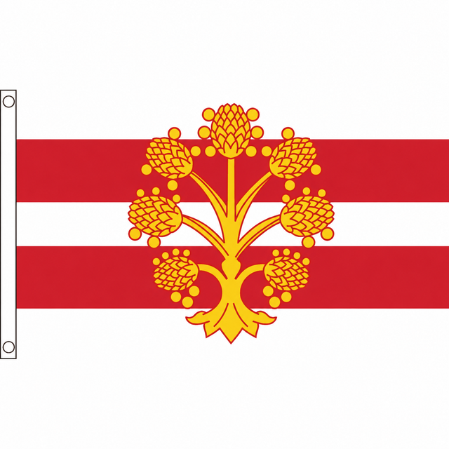 Westmorland county flag with gold tree over two red horizontal bands on white, 5ft x 3ft