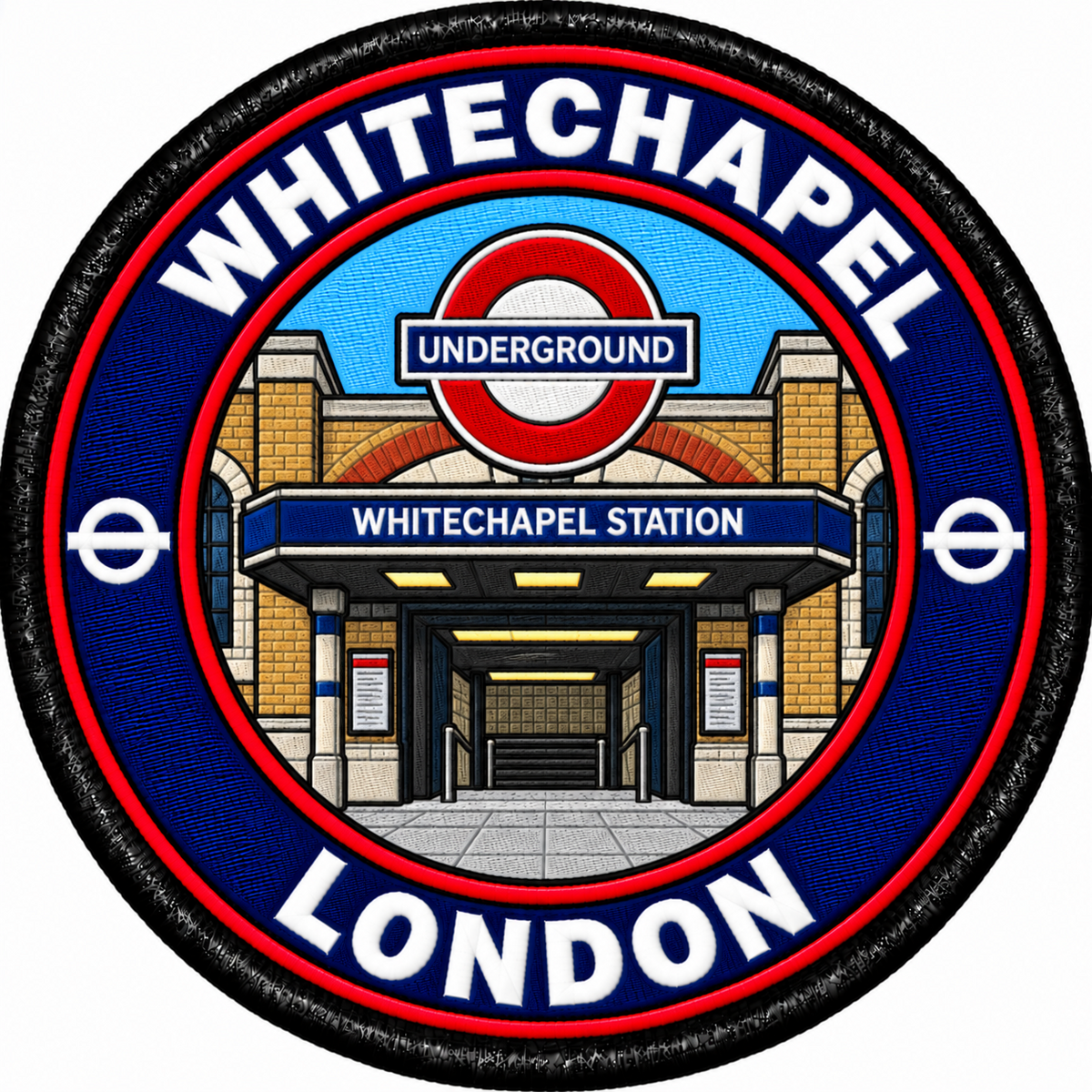 Round 80mm embroidered patch showing the Whitechapel station entrance beneath an Underground roundel, with WHITECHAPEL and LONDON lettering and red trim, finished with a black border.