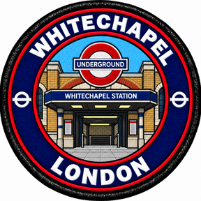 Round 80mm embroidered patch showing the Whitechapel station entrance beneath an Underground roundel, with WHITECHAPEL and LONDON lettering and red trim, finished with a black border.