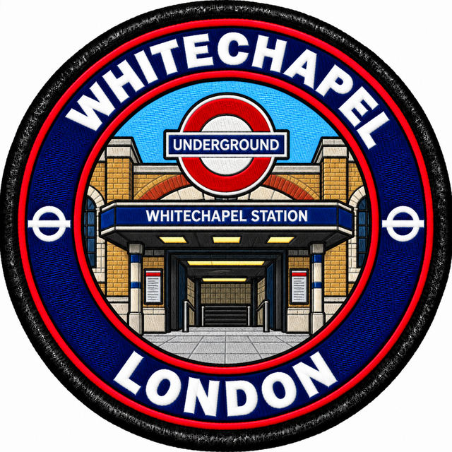 Round 80mm embroidered patch showing the Whitechapel station entrance beneath an Underground roundel, with WHITECHAPEL and LONDON lettering and red trim, finished with a black border.