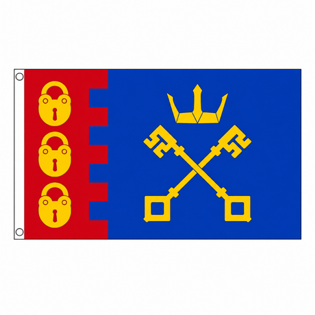 Willenhall flag with gold padlocks crown and crossed keys centred on white