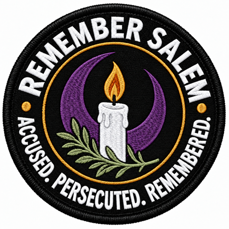 Remember Salem 80mm circular embroidered patch with white lettering