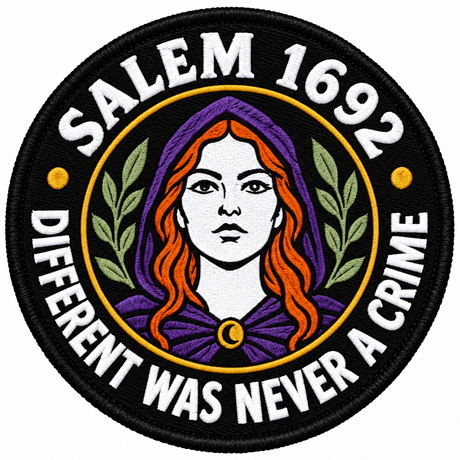 Different Was Never a Crime 80mm circular embroidered patch with white lettering