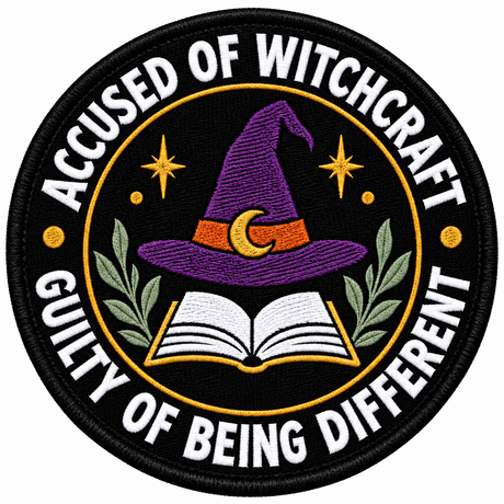 Guilty of Being Different 80mm circular embroidered patch with white lettering