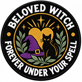 Beloved Witch 80mm circular embroidered patch with white lettering