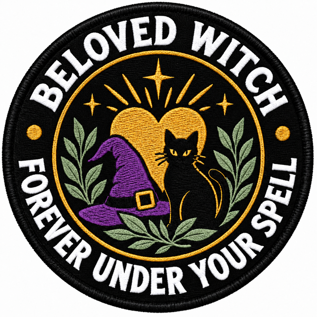 Beloved Witch 80mm circular embroidered patch with white lettering