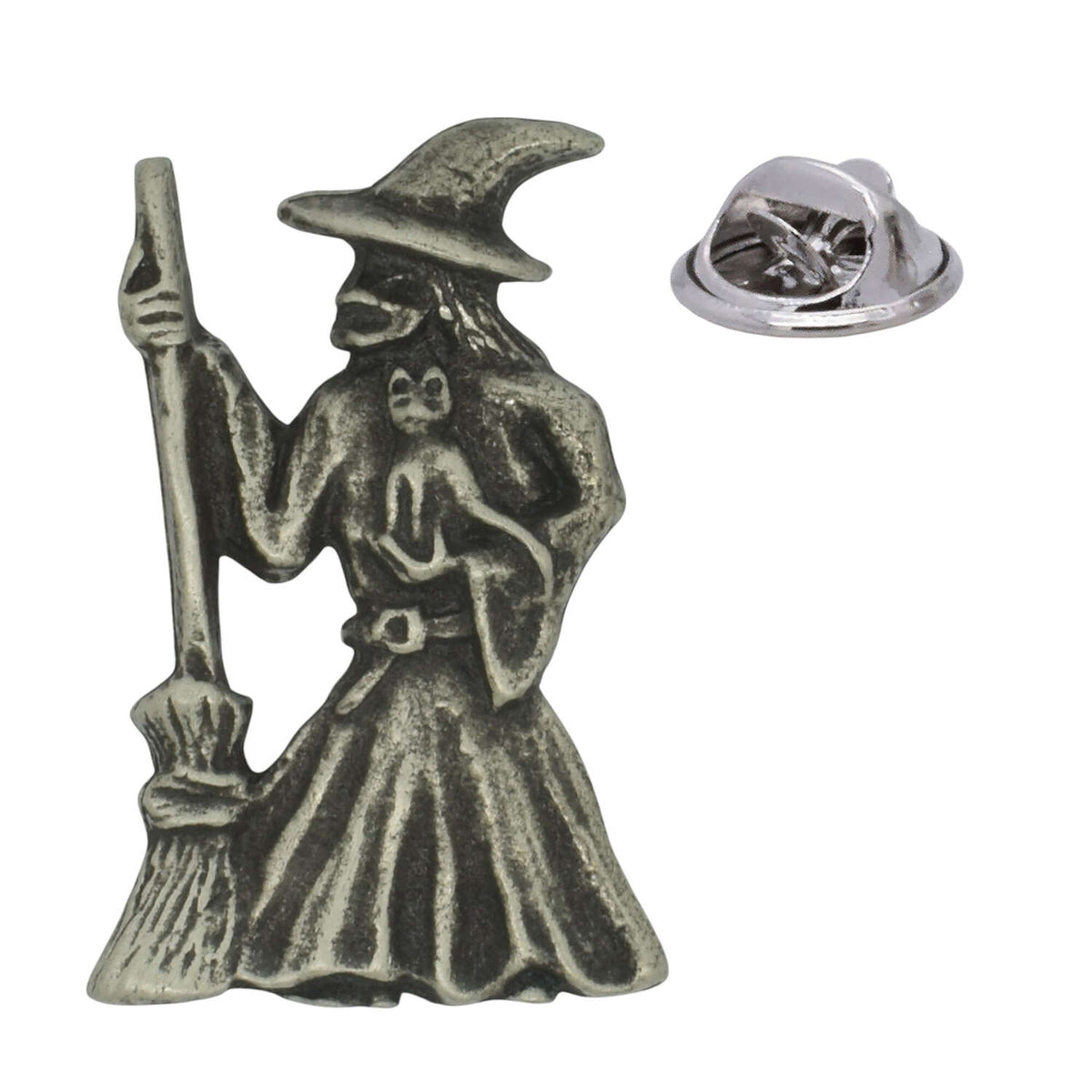 Witch with pointed hat, broomstick and cat pewter lapel pin badge with butterfly clutch fastening