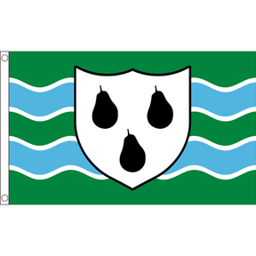 Worcestershire New flag with three black pears on a white shield, green background and blue waves, 5ft x 3ft