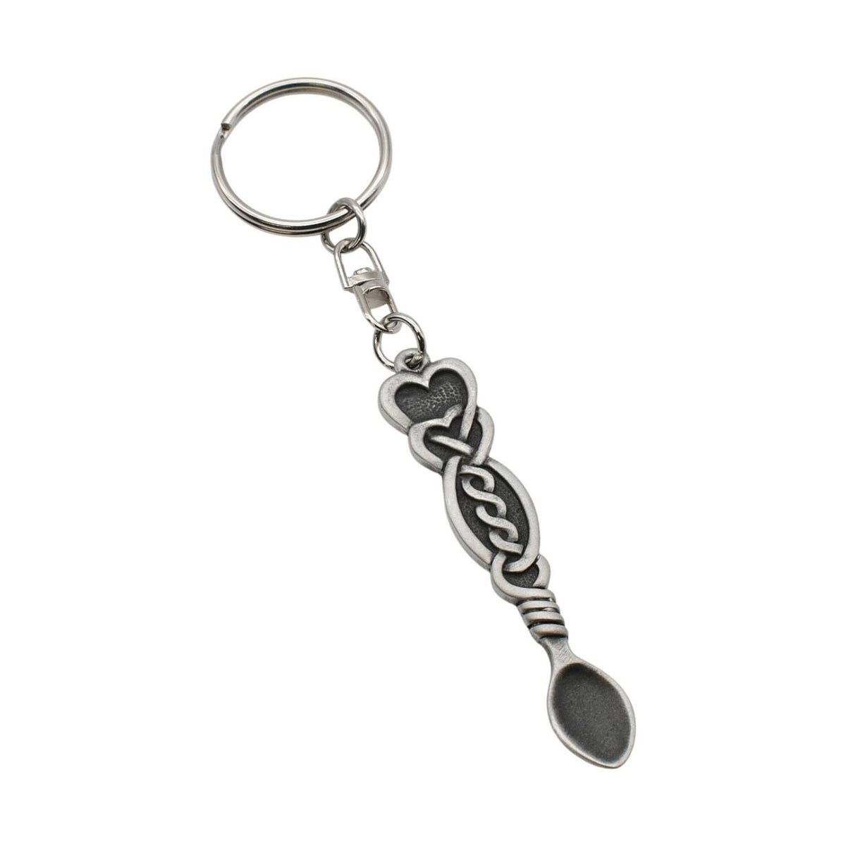 Love heart sitting atop vine Welsh lovespoon pewter keyring