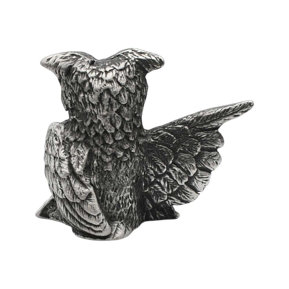 English-made pewter owl with one outstretched wing figurine, rear view