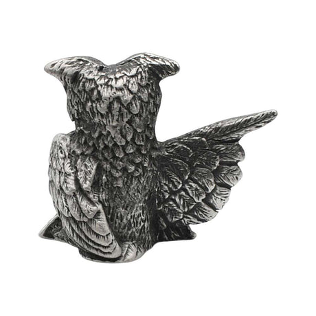 English-made pewter owl with one outstretched wing figurine, rear view