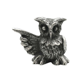 English-made pewter owl with one outstretched wing figurine, front view