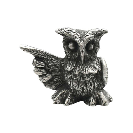 English-made pewter owl with one outstretched wing figurine, front view