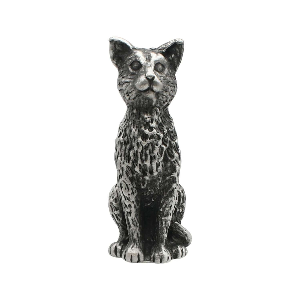 English-made tall sitting cat pewter figurine ornament, front view with sculpted fur and pointed ears