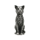 English-made tall sitting cat pewter figurine ornament, front view with sculpted fur and pointed ears