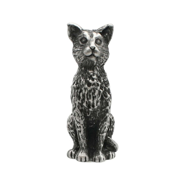 English-made tall sitting cat pewter figurine ornament, front view with sculpted fur and pointed ears