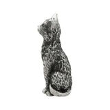 English-made tall cat pewter figurine ornament, side view showing sitting posture and curled tail