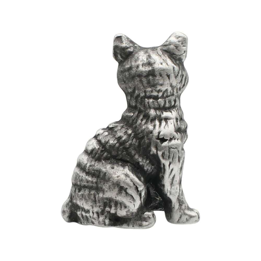 English-made pewter medium cat ornament, rear view showing textured fur and seated pose