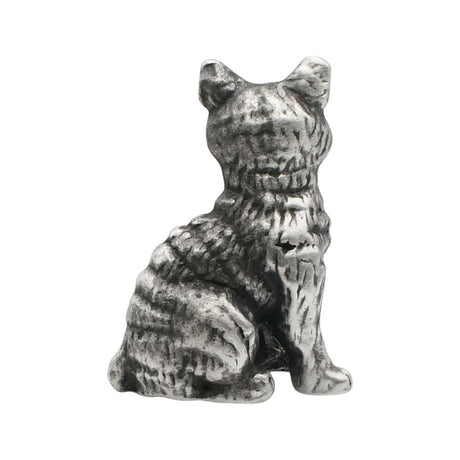 English-made pewter medium cat ornament, rear view showing textured fur and seated pose