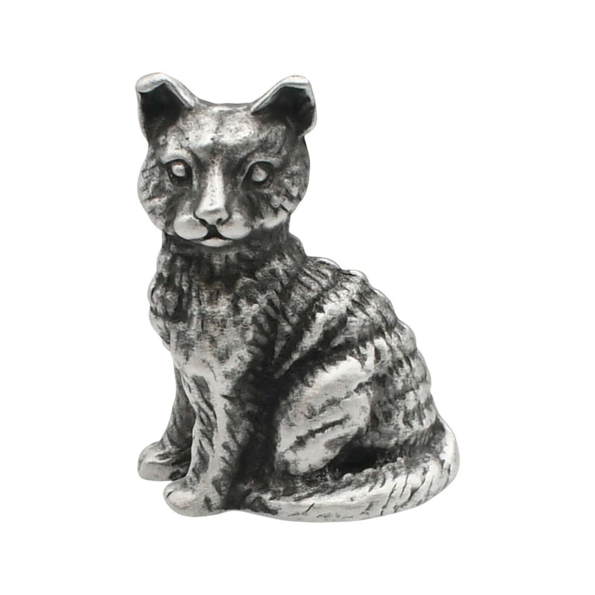 English-made pewter medium cat ornament sitting upright, front view