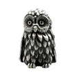 English-made pewter owl ornament, front view with wide round eyes and pronounced layered chest feathers