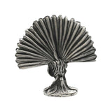English-made pewter peacock figurine ornament, rear view showing the back of its spread tail