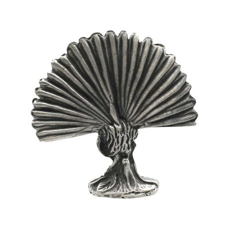 English-made pewter peacock figurine ornament, rear view showing the back of its spread tail