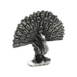English-made pewter peacock figurine ornament, front view showing a fully fanned tail with decorative eye feather patterns