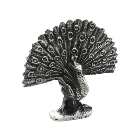English-made pewter peacock figurine ornament, front view showing a fully fanned tail with decorative eye feather patterns