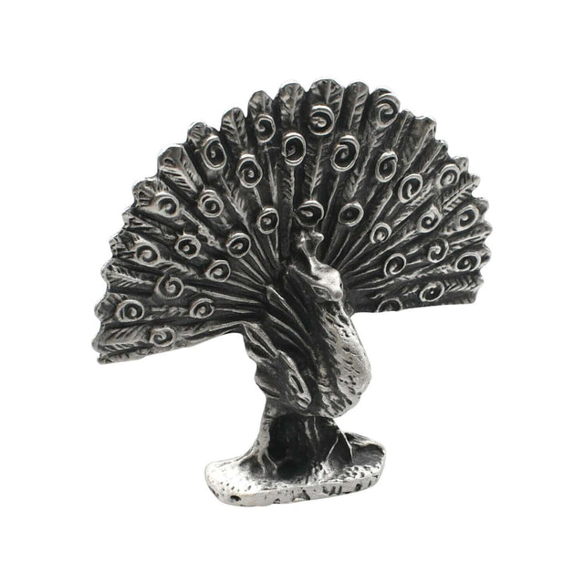 English-made pewter peacock figurine ornament, front view showing a fully fanned tail with decorative eye feather patterns
