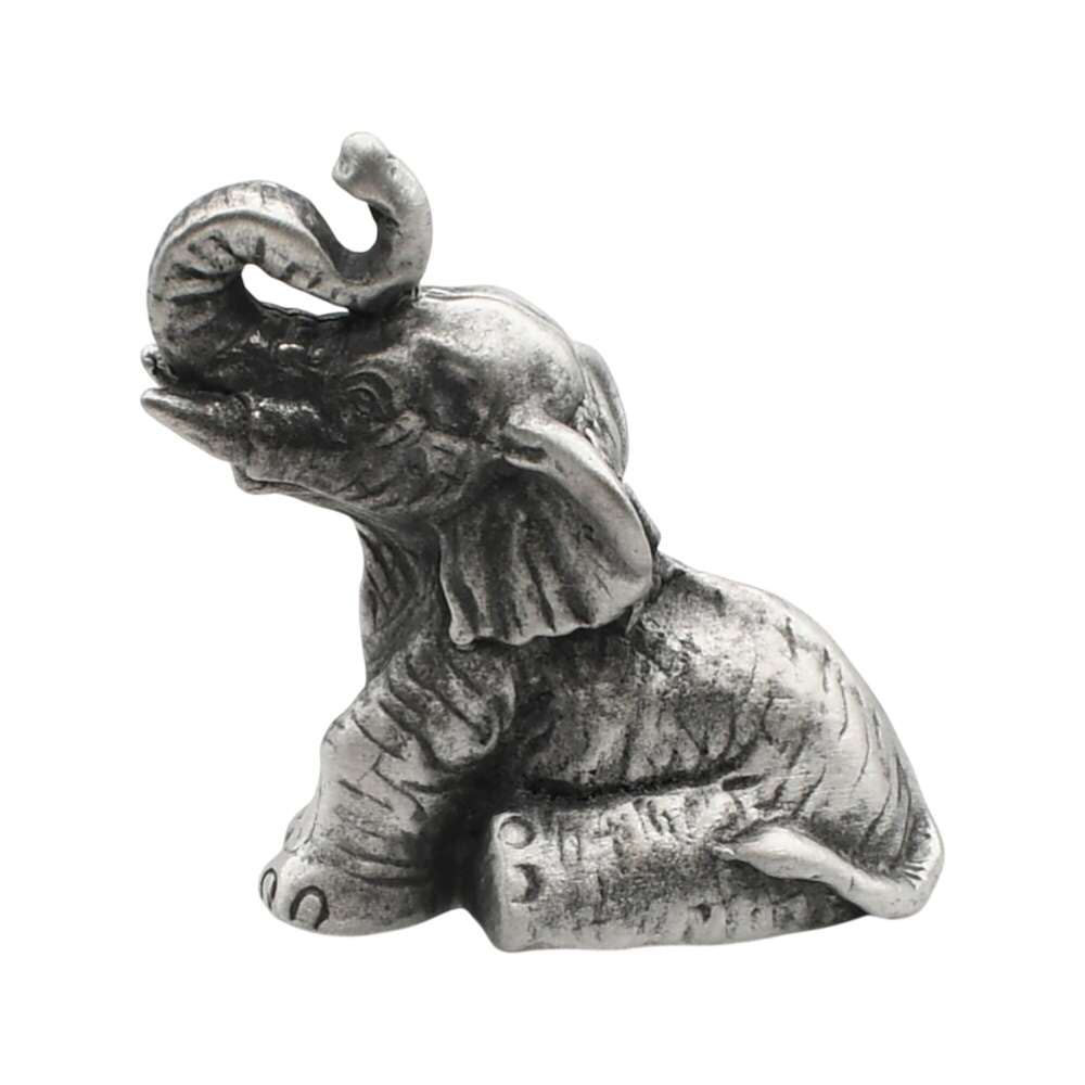 English-made pewter sitting elephant figurine ornament with raised trunk, opposite side view