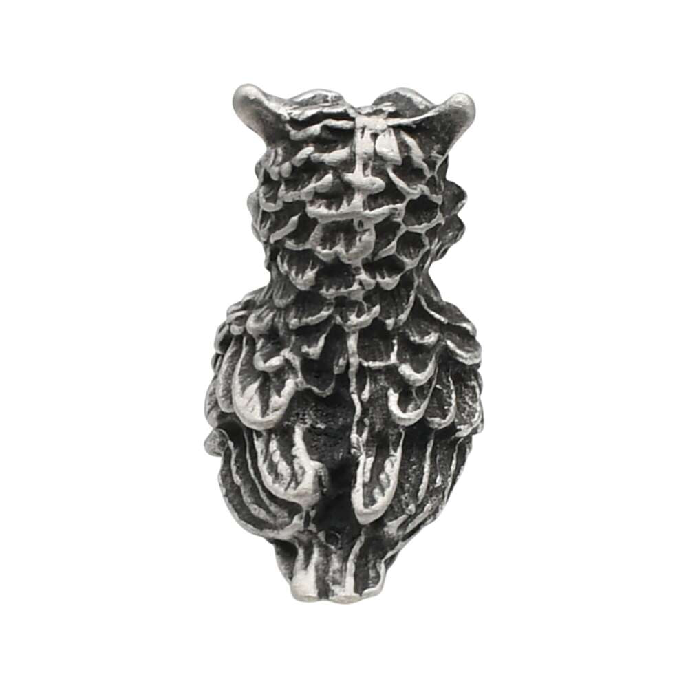 English-made pewter long-eared owl figurine ornament, back view showing sculpted layers of feathers