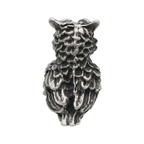 English-made pewter long-eared owl figurine ornament, back view showing sculpted layers of feathers