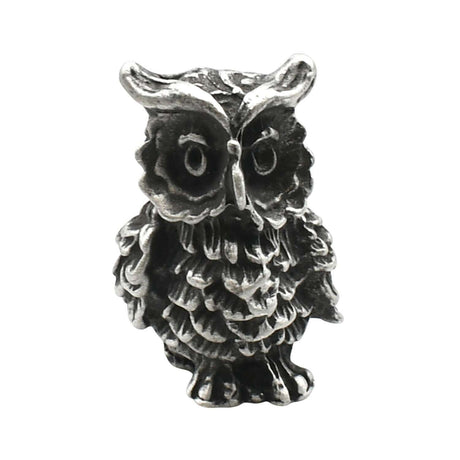 English-made pewter long-eared owl figurine ornament, front view showing ear tufts, large eyes and textured chest feathers