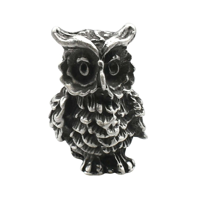 English-made pewter long-eared owl figurine ornament, front view showing ear tufts, large eyes and textured chest feathers