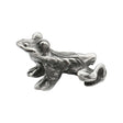 English-made small pewter frog figurine ornament – first side view showing its eyes, back legs and crouched pose