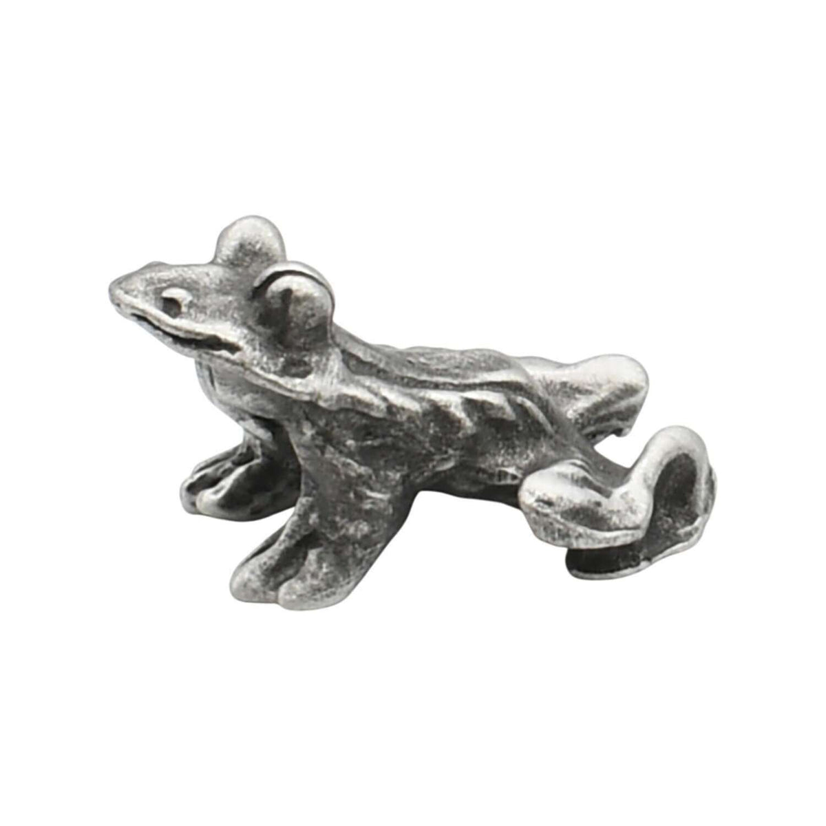 English-made small pewter frog figurine ornament – first side view showing its eyes, back legs and crouched pose