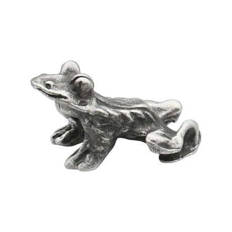 English-made small pewter frog figurine ornament – first side view showing its eyes, back legs and crouched pose