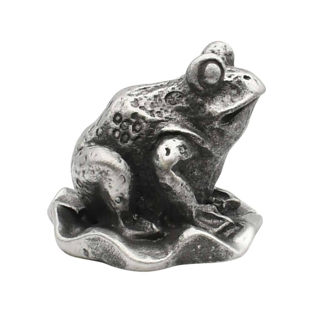 English-made pewter frog on lily pad figurine ornament, opposite side view showing detailed back and shaped leaf base