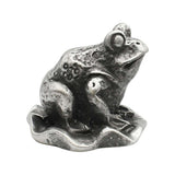 English-made pewter frog on lily pad figurine ornament, opposite side view showing detailed back and shaped leaf base