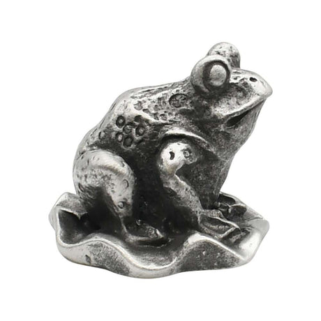 English-made pewter frog on lily pad figurine ornament, opposite side view showing detailed back and shaped leaf base