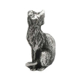 English-made small pewter sitting cat ornament, rear view showing sculpted fur and tail